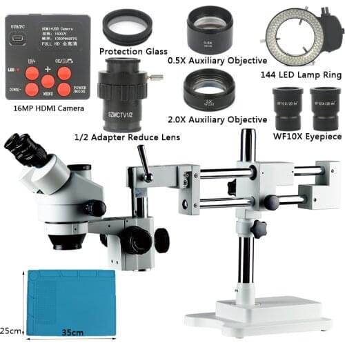 Boom Stand Simul-Focal 3.5X-90X Zoom Microscope Set + 21MP HDMI Camera + 144 LED Light For Jewelry Inspection PCB Soldering