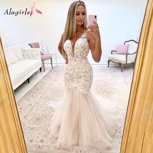 Luxury V Neck Mermaid Wedding Dresses Embroidery Lace Wedding Gowns Spaghetti Strap Sleeveless Robe de mariee