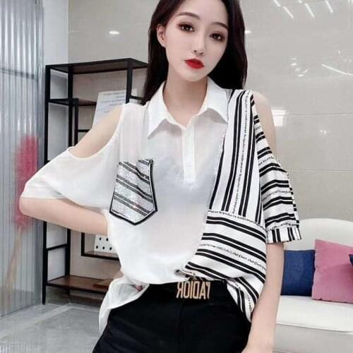 Off Shoulder Women Spring Summer Chiffon Blouses Shirts Lady Casual Short Sleeve Turn-down Collar Chiffon Blusas Tops DD8912