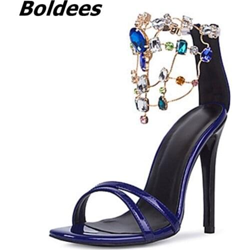 Women Sexy PU Leather Stiletto Heels Bling Bling Rhinestone Ankle Wraped Dress Sandals Fancy Party Nightclub High Heels Shoes