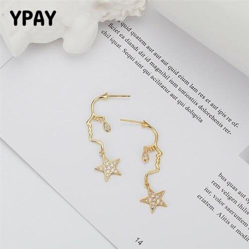 YPAY Pure 925 Sterling Silver Human Face Dangle Drop Earrings for Women Gold Plated Tassel Star Earring Fine Jewelry YME425