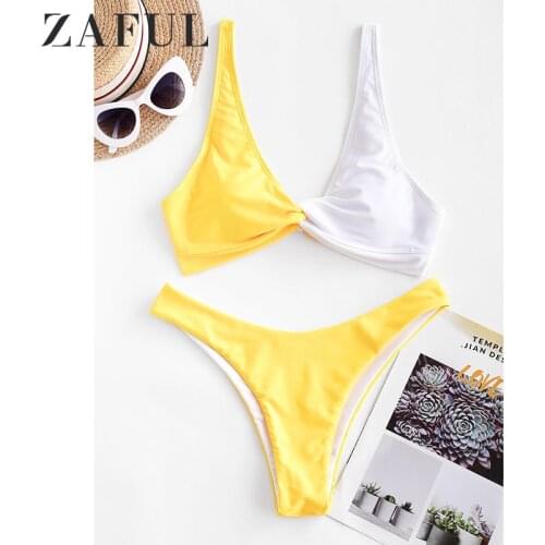 ZAFUL Lace-Up Two Tone Bikini Set Swimwear Women High Cut Swimsuit Sexy Spaghetti Straps Padded Thong Biquni Bathing Suit