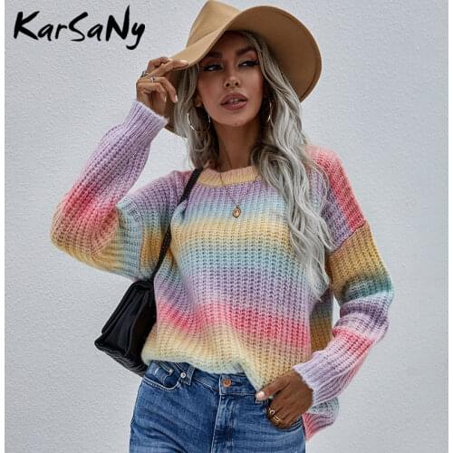 Rainbow Sweater For Women Fashion 2021 Winter oversize sweaters And pullovers Knitted Tops Loose Womens Jumper Rainbow Clothes