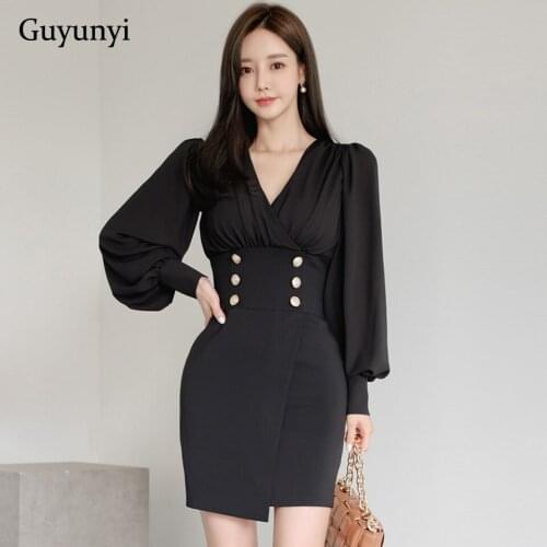 Elegant Office Lady Dress 2021 Spring Black Lantern Sleeve Decorative Double Breasted High Waist Tight Party Dress Women