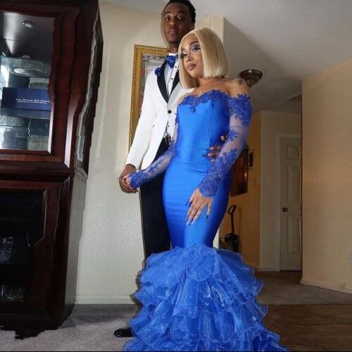 Blue Prom Dress Mermaid Boat Neck Long Sleeves Lace Applique Organza Ruffles Floor Length Plus Size Women Evening Party Gowns