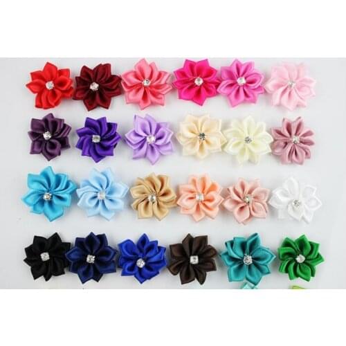 20pcs/lot NEW Satin Ribbon Flower with Crystal Beads Appliques For Wedding Party Decoration Hair Ornaments DIY Crafts HS10104