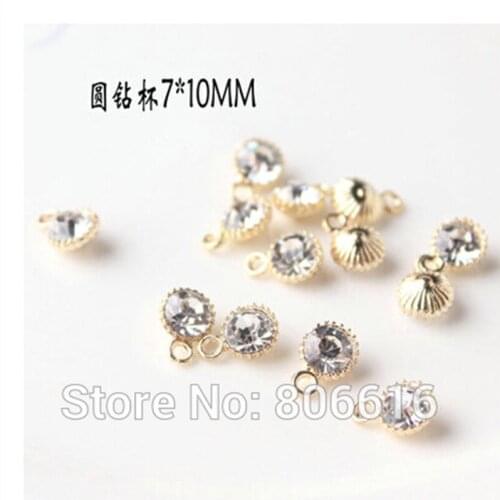 Promotion) AA+ luxurious 100Pcs 7*10MM Round Glass Rhinestones + Gold Color Alloy Beads Jewelry Charms