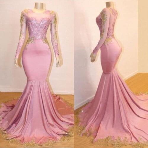 Elegant Arabic Mermaid Evening Dress With Gold Appliques Sheer Neck Long Sleeve Pink Black Girls Prom Dresses 2021 Formal Gowns