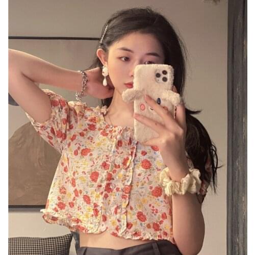 Floral Print Shirt Elegant T-shirt Puff Sleeve Square Collar Tie Up Crop Top Summer Shirts Casual Tees Harajuku Flower Shirt