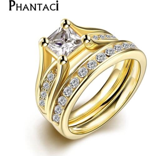 2 PCS Set Zircon 316L Stainless Steel Double Rings For Women Gold Color Crystal Female Engagement Wedding Bridal Finger Rings