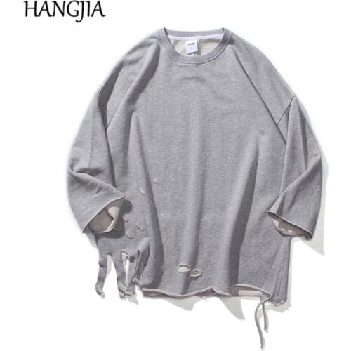 Mens Ripped Cut Hole Pullover Hoodies Hip Hop Oversized Sweatshirt 100%cotton Long Sleeve Hoodies for Men Pullover Harajuku