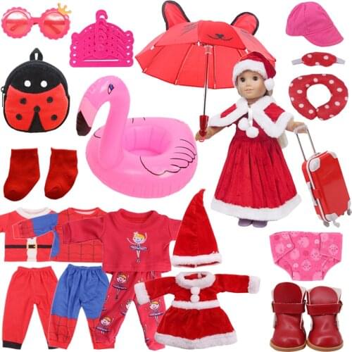 Doll Clothes Red Series Flamingo Cartoon Christmas Clothes Shoes For 18 Inch American&43CM Reborn Baby New Born Doll ,Girls Toy