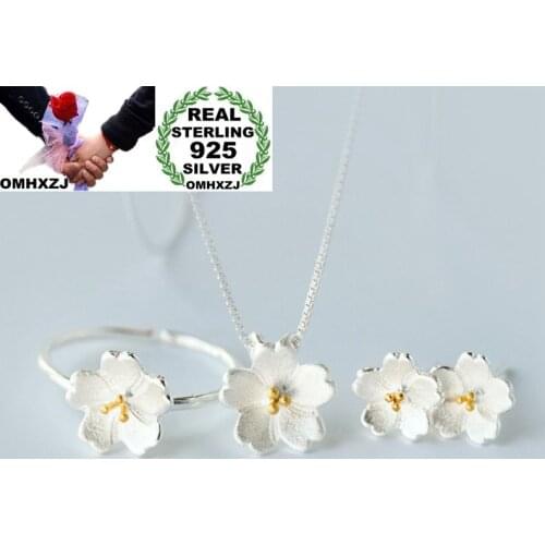 OMHXZJ Wholesale European Fashion Woman Girl Party Gift Sakura 925 Sterling Silver Stud Earrings+Ring+Necklace Jewelry Set JE04