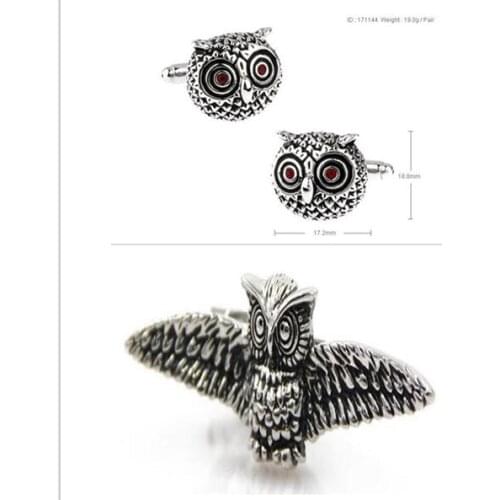 WholeSale 10sets/lot Owl Cufflinks + Tie clip sets High Quality Brass Copper Cuff Buttons + Tie Bar Sets
