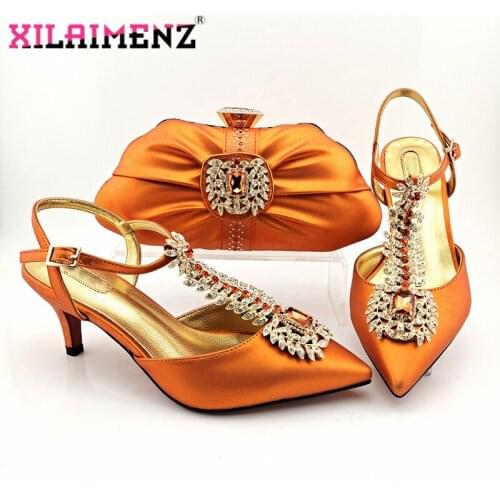 Orange Color New Design 2021 Winter Italian Women Shoes and Bag Set with Shinning Crystal for Wedding Party