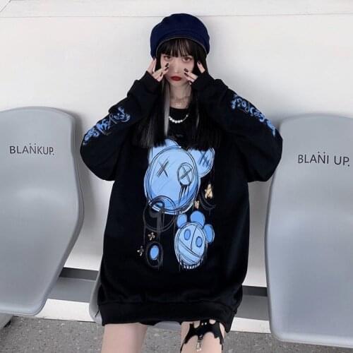 Autumn Long Sleeve Japan Female Lady Women Funny Printed Harajuku Tops Holiday Girls Fashion Sweatshirt Black White Hoodies