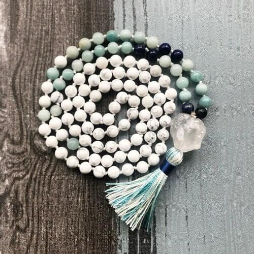 Tassel Necklaces Boho Jewelry Womens Howlite Blue Stone Mala Beads Necklace 108 Prayer Beads Necklace Raw Q-uartz Collar Mujer