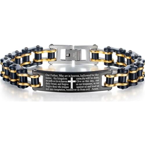 Punk Religious Black Cross Scripture Men Bracelets Retro Stainless Steel Motorcycle Chain Hip Hop Jewelry Accessories Bracelets