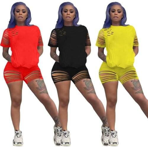 S-2XL 2 piece set women clothing summer sport casual solid color hole short sleeve top and short outfit Wholesale Dropshipping