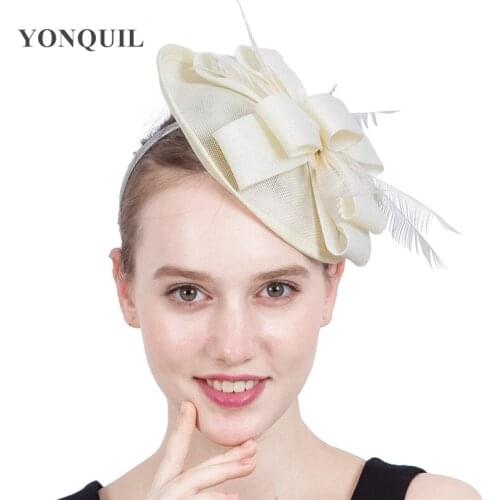 Women Fancy Imitation Sinamay Fascinator Hats Ivory Bridal Wedding Fedora Cap Kentucky Derby Cocktail Mesh Hair Accessories