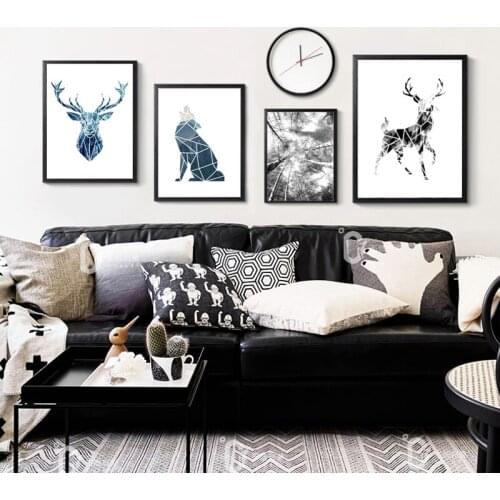 Nordic Black and White Still Life Tree Branches Canvas Painting Animals Geometry Wolf Poster Deer Wall Picture Home Room Decor