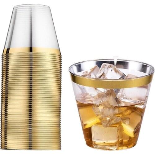 9OZ Clear Plastic Cups Disposable Wedding Party Gold Bronzing Plastic Cup Silver Rose Gold Bulk Party Drinking Accessories 50pcs