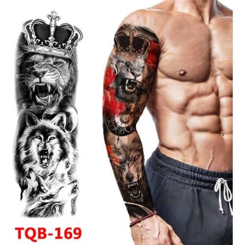 Large Arm Sleeve Tattoo Lion Crown King Rose Waterproof Temporary Tatoo Sticker Wild Wolf Tiger Men Full Skull Totem Tatto
