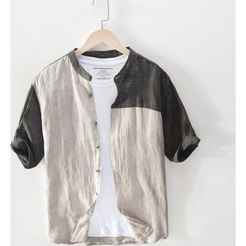 High Quality Patchwork 100% Linen Shirts For Men Short Sleeve Mandarin Collar Flax Fashion Shirt Men camisa masculina TS-679