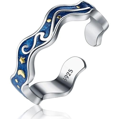 ZEMIOR Real 925 Sterling Silver Finger Rings For Women Blue Galaxy Starry Sky Adjustable Couple Ring Fine Jewelry Accessories