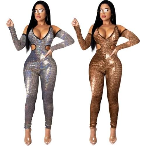 Echoine Women Sparkling Sexy V-Neck Jumpsuit Women Off Shoulder Long Sleeve Cut Out Bodycon Rompers Overalls One Piece Outfits