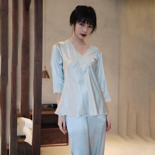 Womens Pajamas Set 2021 Summer New Silk Nightgown 2Pcs Suit V-Neck Solid Sexy Nightwear Home Clothes Lace Sleepwear