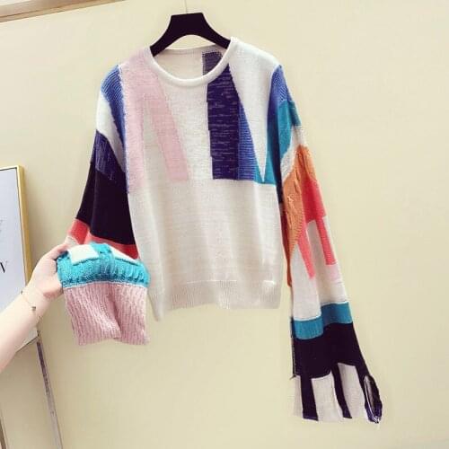 Patchwork Knitted Women Sweater Pullovers Autumn New 2021 O-Neck Flare Sleeved Loose Hole Female Pulls Tops Outwear