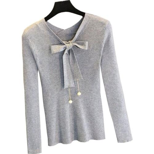 2017 Spring Autumn Slim Sexy Pearls Sweaters Female Fashion Bow Pullovers Sweater Butterfly Collar Knitting Sweaters Women Mw061