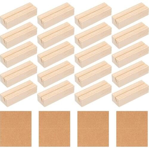 Wooden Table Number Holders Stands Wood Sign Holders Natural Place Card Holders with Brown Paper Cards (20 Pieces)