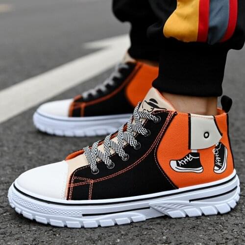 Mens Cartoon Canvas Shoes Casual Fashion White Black High Top Shoes Mixed Color Sneakers Male Skateboard Flat Shoes Espadrilles