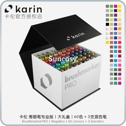 KARIN 60 + 3 Megabox Brush Marker Pro Water-Based Brush Pen Suitable for Painting, Drawing and Handlettering Multi-Coloured