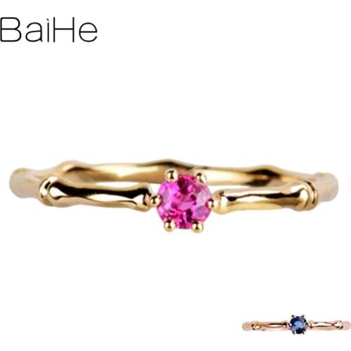 BAIHE Solid 14K Yellow Gold 3.5mm Round Natural Pink sapphire Wedding Women Trendy Fine Jewelry Gift Pink sapphire Ring