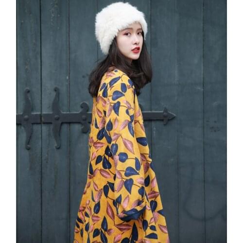 SCUWLINEN 2019 Autumn Winter Dress Literary Retro Thick Corduroy Leaves Print Loose Cotton Dress Long Vintage Robe Female L939