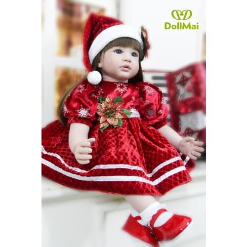 24" 60cm reborn toddler Noble princess girl doll silicone vinyl limbs with red xmas dress children new year gift toy dolls