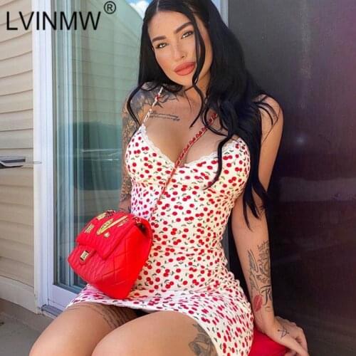 LVINMW V Neck With Lace Cherry Printed Slim Skinny Mini Dress Casusl Trendy Fresh Sleeveless Dresses Women For Summer Streetwear