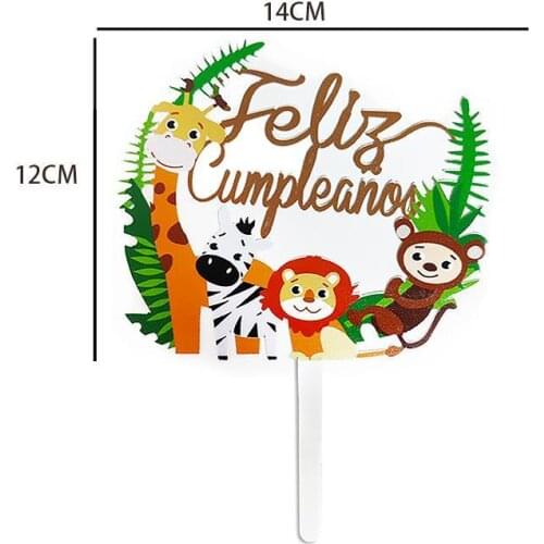 New Color Printing Cartoon Spanish Acrylic Cake Topper Feliz Cumpleanos Small Animal Cake Topper Birthday party Cake Decoration