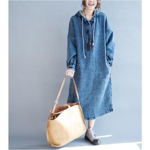 Autumn And Winter Cowboy Hoodies Dress New Pattern Korean Leisure Medium and long loose Fund with Hat Fat MM Hoodies