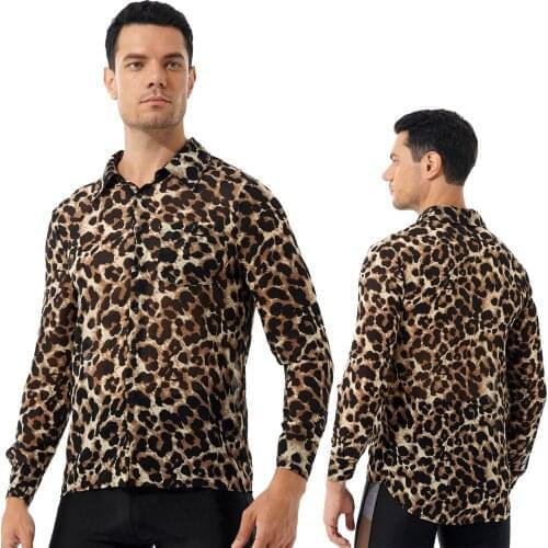 Autumn Shirts For Men Clothing See-through Leopard Print Button Slim Turn-Down Collar Long Sleeve Party Nightclub Fashion Tops