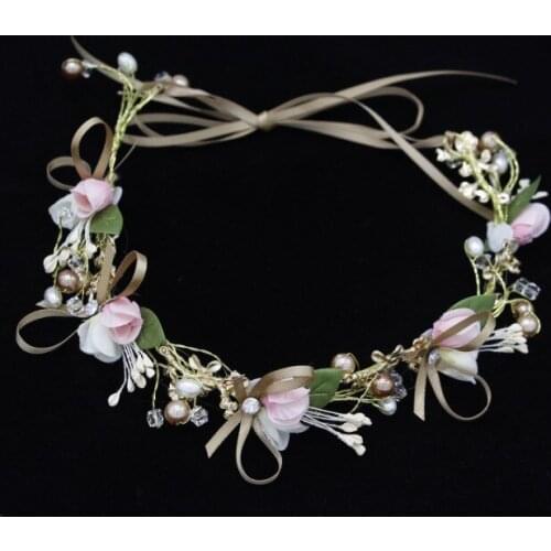 Pink White Flower Pearl Ribbon Headband Hair band Women Girl Headpiece Bride Tiaras Wedding Bridal Hair Jewelry