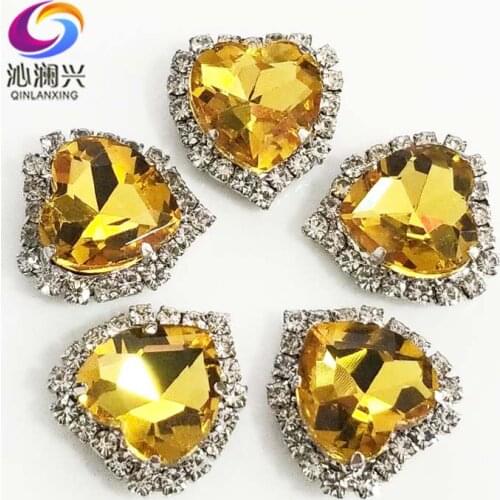 Silver bottom Golden yellow top grade Crystal glass buckle,heart shape sew on rhinestones for Diy/jewelry accessories SWHKY18