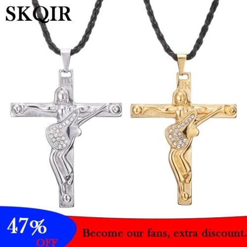 Vintage Guitar Cross Pendant Necklace for Women Leather Chain Rhinestone Necklace Stainless Steel Gold Silver Color Jewelry Gift
