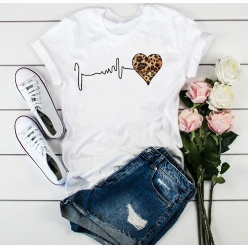 Women Leopard Heartbeat Short Sleeve Print Clothes Ladies Womens T-Shirt Graphic Tops Clothes Female Tumblr T Shirt T-shirts