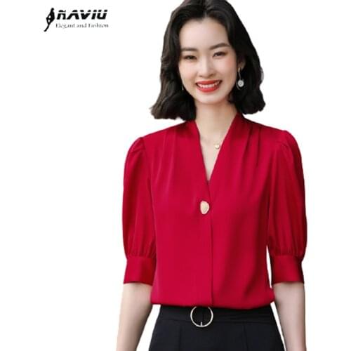 Women Red Chiffon Half Sleeve Shirt New Summer Business Formal V Neck Blouses Office Ladies Work Bottoming Tops