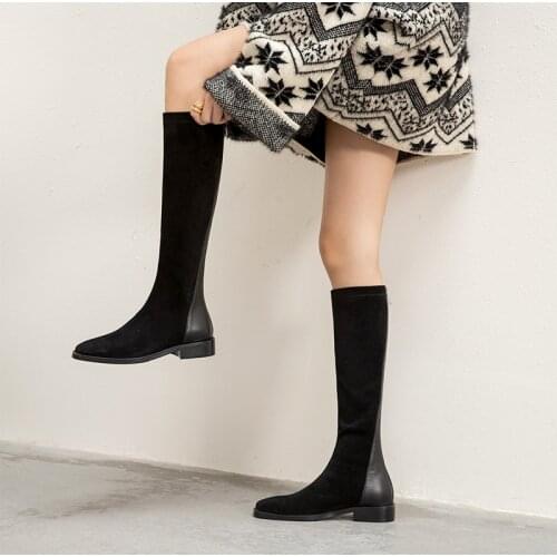 Square Toe Womens Office Boots 2021 Fall Winter Knee High Heels Wide Leg Side Zipper Newest Black Long Shoes Woman