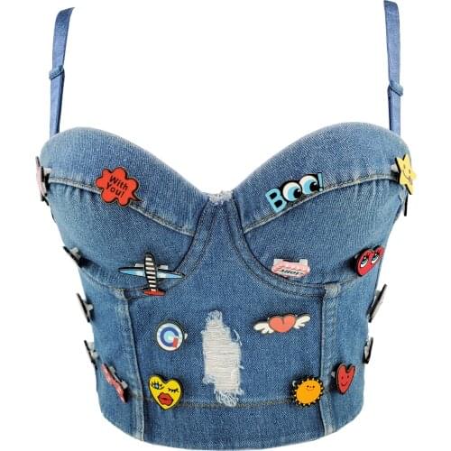 Women Sexy Designer Beading Denim Cotton Denim Camisole Tops Summer 2021 High Street Punk Style Short Camis Crop Tops